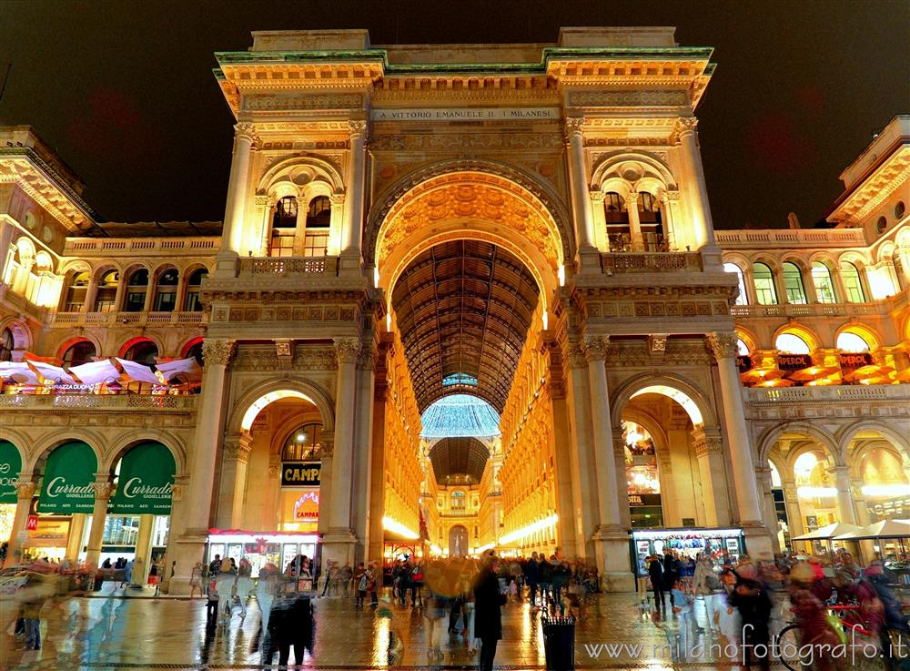 Milan (Italy) - Entrance of the Vittorio Emanuele Gallery with Christmas lights